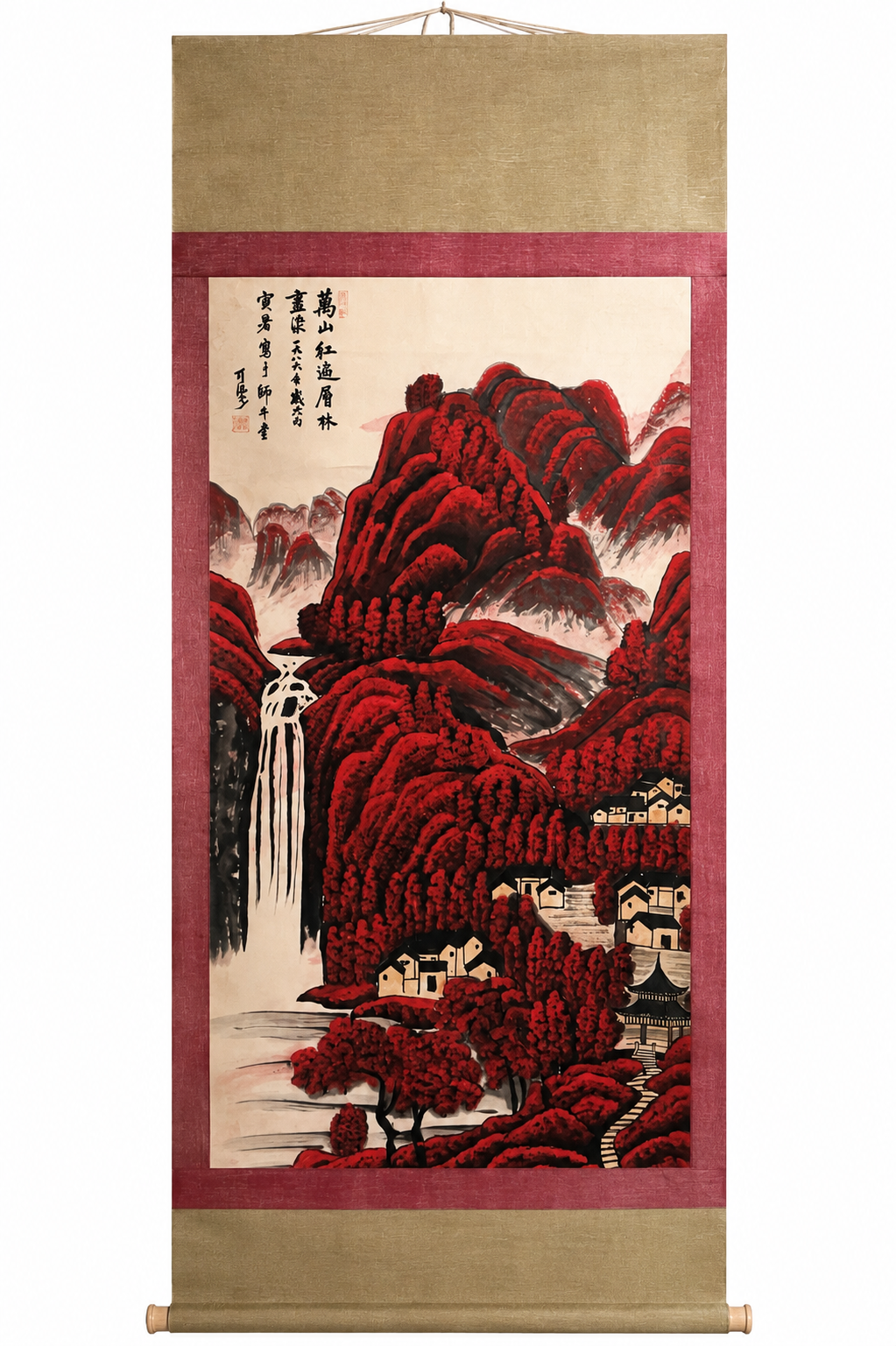 Red Mountains and Waterfall